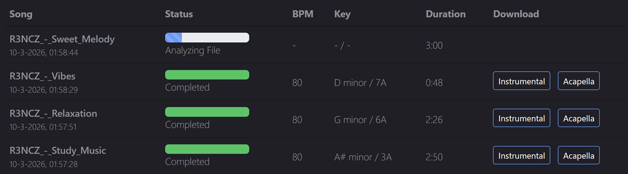 Upload a song file to extract vocals and beat